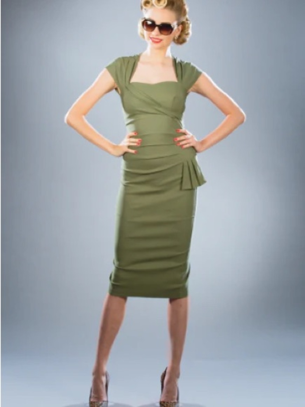 Stop Staring Olive Green Vintage-Inspired Midi Sheath Dress